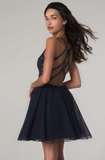 V-Neck Sequined Bodice Short A-Line Dress HZ1023