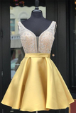 Red Beaded Satin Homecoming Dresses With Pocket Short Prom Dresses HZ1023