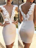 White Patchwork Lace Zipper Backless Bodycon Deep V-neck Elegant Mini Dress Homecoming Dress HZ1023