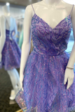 Gold Sequin V-Neck Spaghetti Straps A-Line Short Homecoming Dress HZ1023
