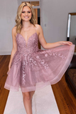 A-Line Cashmere Rose Appliques Backless Short Homecoming Dress HZ1023