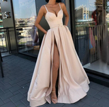 A Line Evening Dress with High Slit Satin Royal Blue Spaghetti Straps Sweetheart Long Evening HZ1023