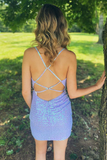 Periwinkle Sequin Lace-Up Ruched Short Homecoming Dress HZ1023