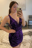 Purple Sequins Plunge Mini Homecoming Dress HZ1023