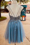 Stunning Blue Sequins Plunge Neck A-Line Short Homecoming Dress HZ1023