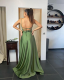 Sexy Spaghetti Straps Satin Ruffles Slit Prom Dress HZ1023