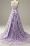 Custom Made Lace Lilac Prom Dresses Long Evening Dress Spaghetti Straps Formal Gown with Train HZ1023