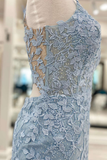 Light Blue Appliques Plunge V Backless Short Homecoming Dress HZ1023