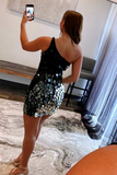 Black Gradient Cut Glass Mirror One-Shoulder Short Dress HZ1023
