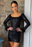 White Sequin Square Neck Long Sleeve Feather Short Party Dress HZ1023