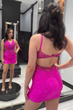Blue Beaded V-Neck Backless Mini Homecoming Dress HZ1023