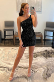 Black Sequins One-Shoulder Short Fitted Homecoming Dress HZ1023
