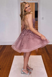 A-Line Cashmere Rose Appliques Backless Short Homecoming Dress HZ1023