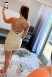 Royal Blue Beaded Lace-Up Bodycon Mini Homecoming Dress HZ1023