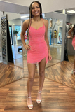Metallic Light Blue Spaghetti Strap Short Party Dress with Slit HZ1023