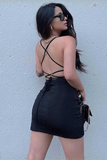 Red Cowl-Neck Lace-Up Bodycon Short Party Dress with Slit HZ1023