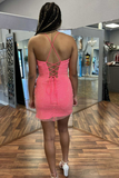 Metallic Light Blue Spaghetti Strap Short Party Dress with Slit HZ1023