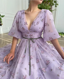 Lavender tulle ball gown V neck puff sleeve wedding dress bridesmaid dress princess dress HZ1023