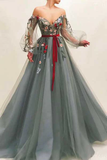 Gorgeous Off The Shoulder V Neck Tulle Long Sleeves Prom Dresses With Appliques HZ1023