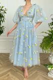 Blue floral tulle dress, Tulle dress prom, V-Neck puff sleeves prom dress, Wedding dress, Bridesmaid dress, Mesh Princess Dress HZ1023