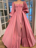 Square Nekline Classic Satin Prom Dresses, Bubble Sleeves Prom Dresses HZ1023