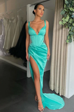 SEXY V-NECK HIGH-SPLIT MERMAID RUCHED LONG PROM DRESS HZ1023