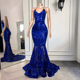 Spaghetti-Straps Royal Blue Long Mermaid Prom Dress With Sequins | Ballbellas HZ1023