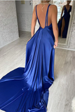 ROYAL BLUE V-NECK SLEEVELESS PROM DRESS MERMAID SLIT HZ1023