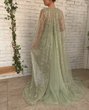 Sage Green Prom dress A line Floor-length Aurora Cape Tulle Prom Dress HZ1023