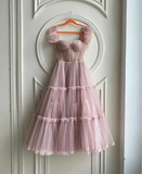 Ruffled Sleeves Tulle Dress, Tiered Ruffled A-line Skirt, Bridesmaid Party Dress, Graduation Dress, Wedding Party Dress, Tulle Corset Dress HZ1023