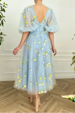 Blue floral tulle dress, Tulle dress prom, V-Neck puff sleeves prom dress, Wedding dress, Bridesmaid dress, Mesh Princess Dress HZ1023