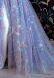 Light Purple Tulle Dress Floral Dress Off Shoulder Sweetheart Dress A-line Evening Dresses With Slit Start Applique Long Dress HZ1023