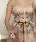 A Line Scoop Long Sleeve Prom Dresses with Floral Embroidery Long Formal Dressess HZ1023