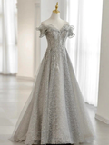 Gray Tulle Sequin Lace Off Shoulder Long Prom Dress, Gray Evening Dress HZ1023