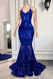 Spaghetti-Straps Royal Blue Long Mermaid Prom Dress With Sequins HZ1023