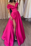 Elegant Fuchsia Off-the-Shoulder Evening Dress Long With Slit HZ1023