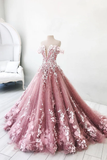 Unique pink tulle lace long prom dress, pink tulle lace evening dress HZ1023