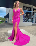 Sparkly Mermaid V Neck Fuchsia Sequins Long Prom Dresses with Appliques HZ1023