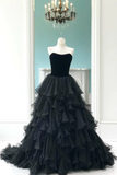 Velvet Strapless Black Prom Gowns With Pleated Tiered Skirt,Prom Dress HZ1023