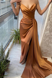 Sleeveless Mermaid Brown Sweetheart Prom Dress Split With Ruffles HZ1023