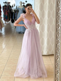 V neck A line Pink Long Prom Dresses, Lace Long Graduation Dresses With Lace Applique HZ1023