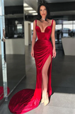 Burgundy velvet strapless mermaid ball gown sleeveless long slit HZ1023