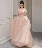 PINK TULLE LONG PROM DRESS PINK EVENING DRESS HZ1023