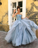 Strapless Long A-line Blue Lace Organza Prom Dresses, Long Prom Dresses, Popular Prom Dresses HZ1023