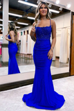 Royal Blue Lace Backless Mermaid Long Prom Dress HZ1023