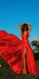 Charming A-Line V Neck Prom Dress, Red Long Prom Dress HZ1023