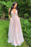 Sparkly Plunging Neck Pink Long Prom Dress HZ1023