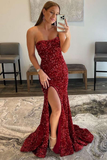 Burgundy Sequin Strapless Mermaid Long Prom Dress HZ1023