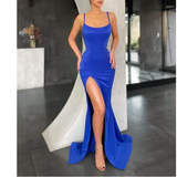 Sexy Royal Blue Elastic Satin Prom Dresses, Side Slit Prom Dresses HZ1023