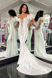 White Mermaid V Neck Ruffle Off-the-Shoulder Long Prom Dress with Beaded HZ1023